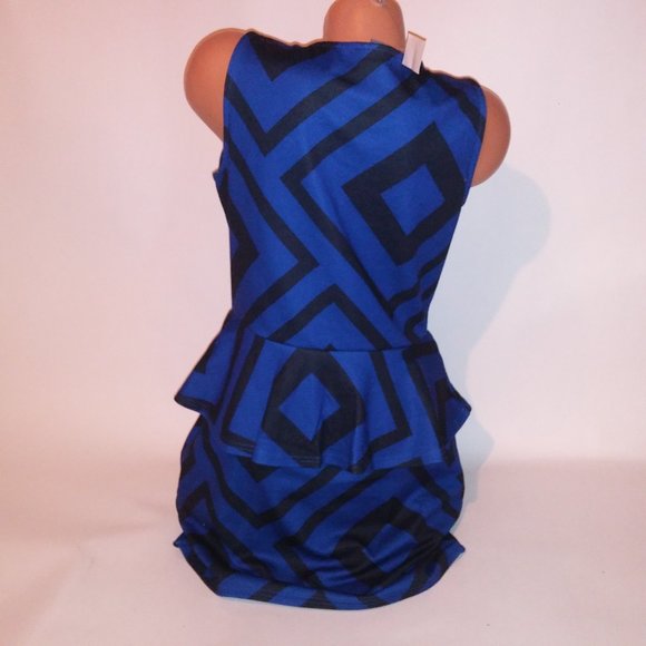 Dots Peplum Dress Large Black Blue Geo Sleeveless Scoop Neck Pencil Pit to Pit 1 - Picture 8 of 10